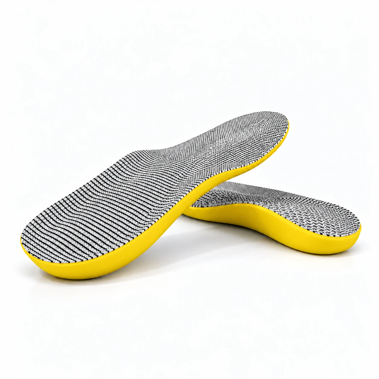 Air Cushion Footwear insoles with patterned fabric tops and yellow cushioning against a clean white studio background